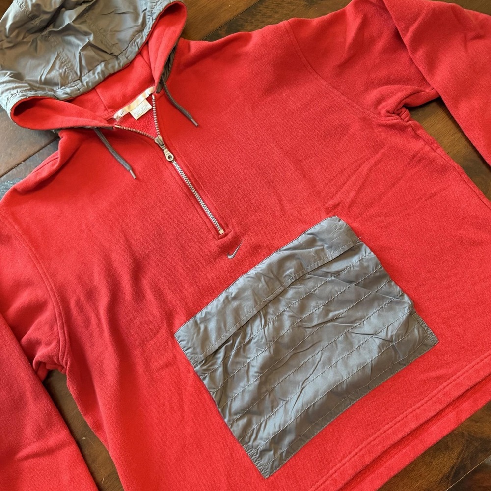 Nike Hoodie Boys XL 16-18 Red Gray Center Swoosh 1/4 Zip Fleece Quilted Pocket